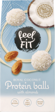 feel FIT Royal Coconut Protein balls, almonds, and coconut half on light blue packaging, no added sugar.