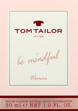 Tom Tailor Be Mindful Woman woda toaletowa 30ml, różowo-kremowe pudełko z napisem "be mindful", widok z przodu.