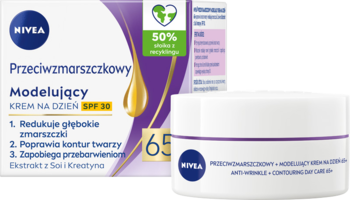 NIVEA Przeciwzmarszczkowy + Modelujący 65+ Krem na dzień SPF 30 w białym słoiczku i fioletowym opakowaniu.