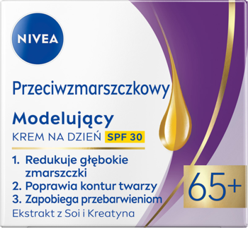 NIVEA Przeciwzmarszczkowy Krem na Dzień 65+ SPF 30. Frontowe opakowanie biało-fioletowe z grafiką kropli oleju.