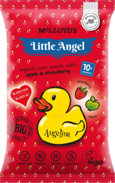 Czerwona torebka Mclloyd's Little Angel organicznych chrupek kukurydzianych jabłko-truskawka z żółtą kaczką, widok z przodu.