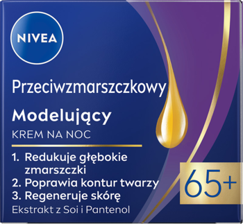 Granatowe pudełko NIVEA krem przeciwzmarszczkowy modelujący na noc 65+, złoty napis, kropla oleju.