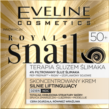 Eveline Royal Snail 50+ skoncentrowany krem liftingujący z 4% śluzu ślimaka, złote opakowanie, przód.