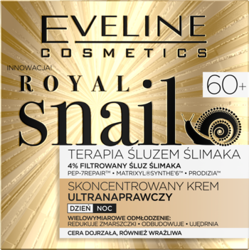 Eveline Royal Snail 60+ ultranaprawczy krem dzień/noc. Złote opakowanie, terapia śluzem ślimaka.