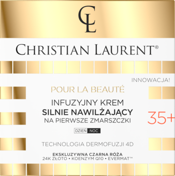 Złoto-białe pudełko Christian Laurent Infuzyjny Krem Nawilżający na Pierwsze Zmarszczki 35+, widok z przodu.