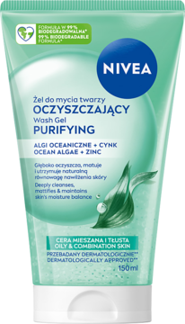 NIVEA Purifying Wash Gel w zielonej tubie z algami, cynkiem, do cery tłustej/mieszanej, widok z przodu, 150ml.