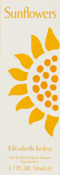 Elizabeth Arden Sunflowers woda toaletowa, białe pudełko z dużym, stylizowanym żółtym słonecznikiem na przodzie.
