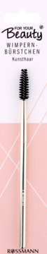 Szczoteczka do rzęs For Your Beauty Rossmann, czarna syntetyczna spirala, srebrny uchwyt, z przodu.