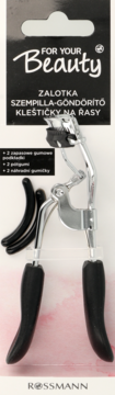 Srebrna zalotka For Your Beauty Rossmann z czarnymi uchwytami i 2 zapasowymi gumkami, widok z przodu.