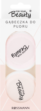 Dwie różowe gąbeczki do pudru For Your Beauty Rossmann, w kartonowym opakowaniu, do równomiernej aplikacji.