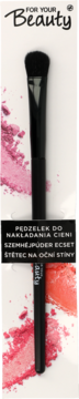 Pędzelek For Your Beauty do nakładania cieni, czarny, w białym opakowaniu z rozsypanym różowym pigmentem, widok z przodu.