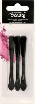 Opakowanie 3 czarnych, dwustronnych aplikatorów do cieni For Your Beauty z rozsypanym różowym proszkiem.