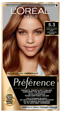 L'Oréal Paris Préférence 5.3 Jasny Złocisty Brąz, trwała farba do włosów z aktywatorem połysku, przód.