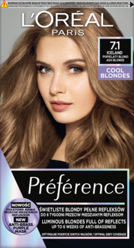 L'Oréal Préférence 7.1 Iceland popielaty blond trwała farba do włosów z anty-żółtą maską, widok z przodu.