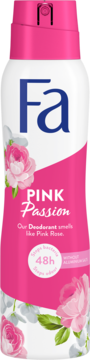 Dezodorant Fa Pink Passion w biało-różowym sprayu z różami, z przodu, 48h ochrony, bez aluminium.
