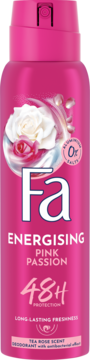 Fa Energising Pink Passion dezodorant w różowym sprayu, zapach herbatniej róży, z przodu, 48h ochrona.