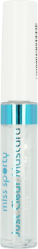 Przezroczysty tusz Miss Sporty Just Clear Mascara w pionowej tubce z białą zakrętką i turkusowym paskiem.