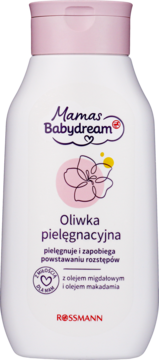 Mamas Babydream Oliwka pielęgnacyjna na rozstępy, z olejem migdałowym i makadamia, biała butelka, przód.