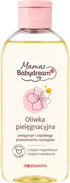 Mamas Babydream oliwka pielęgnacyjna z olejem migdałowym w butelce z różową nakrętką. Zapobiega rozstępom.