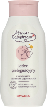 Biała butelka Mamas Babydream Lotion pielęgnacyjny z różową nakrętką, dla skóry mam, z migdałem, widok z przodu.