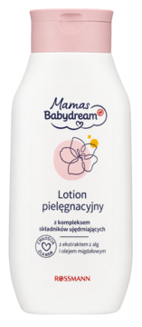 Biała butelka balsamu Mamas Babydream pielęgnacyjnego ujędrniającego, różowa nakrętka, kwiaty, z przodu.