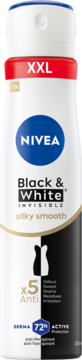 NIVEA Black & White Silky Smooth antyperspirant spray XXL 72h, biała butelka z ikoną sukienki, widok z przodu.