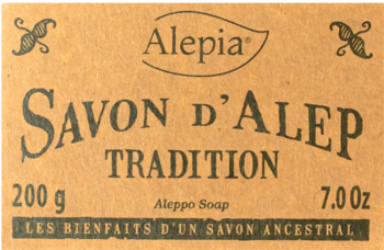 Alepia Savon d'Alep Tradition 200g, brązowe opakowanie mydła Aleppo z ciemnym napisem, widok z przodu.