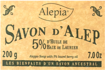 Etykieta mydła Alepia Savon d'Alep z 5% oleju laurowego. Widok z przodu, brązowa, z zielonym tekstem, 200g.