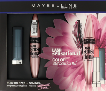 MAYBELLINE NEW YORK ,tusz do rzęs Lash Sensational, szminka do ust Color Sensational,przód