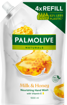 Biała saszetka Palmolive Milk & Honey 1000ml, odżywcze mydło w płynie do rąk, widok z przodu.