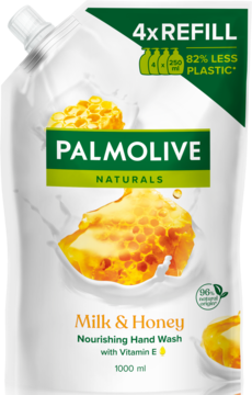 Biała saszetka Palmolive Milk & Honey 1000ml, odżywcze mydło w płynie do rąk, widok z przodu.
