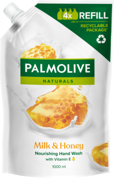 Palmolive Mydło Mleko i Miód 1000ml, biała saszetka uzupełniająca z recyklingu, zielone logo, widok z przodu.