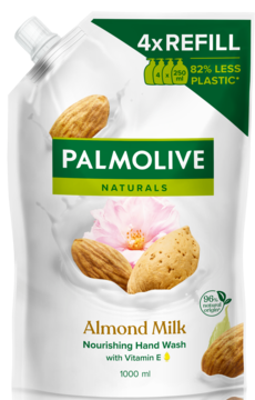 Palmolive Almond Milk 1L refill do mydła, biała saszetka z migdałami i mlekiem, widok z przodu.