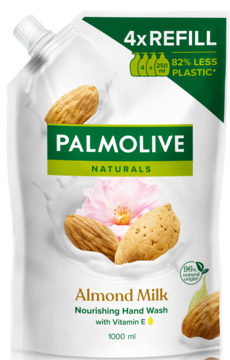 Palmolive Almond Milk 1L refill do mydła, biała saszetka z migdałami i mlekiem, widok z przodu.