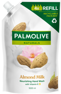 Palmolive Naturals Almond Milk mydło w płynie, 1000ml refill w białej saszetce z zieloną górą i migdałami.