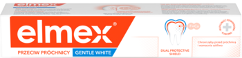 elmex pasta PRZECIW PRÓCHNICY GENTLE WHITE, białe opakowanie z pomarańczowym logo, widok z przodu.