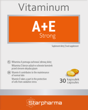 Białe opakowanie suplementu Vitaminum A+E Strong Starpharma z pomarańczowym pasem i złotymi kapsułkami, widok z przodu.