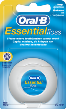 Opakowanie Oral-B Essential Floss 50m, miętowa nić dentystyczna w blistrze, widok z przodu.