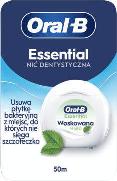 Biała nić dentystyczna Oral-B Essential Woskowana Mięta 50m w okrągłym dyspenserze na niebieskim tle.
