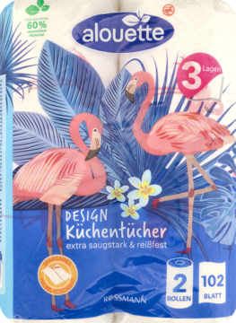 Opakowanie ręczników kuchennych alouette 3-warstwowych, z tropikalnym wzorem różowych flamingów na tle niebieskich liści.
