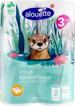 Białe ręczniki papierowe Alouette Design 2 rolki, opakowanie z grafiką wydry i lilii wodnych, widok z przodu.