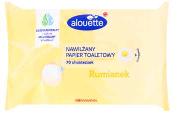 Opakowanie nawilżanego papieru toaletowego Alouette, żółte, z rumiankiem. Zawiera 70 chusteczek, neutralne pH, bez alkoholu.