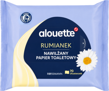 Alouette Nawilżany papier toaletowy Rumianek, 70 sztuk, niebieskie opakowanie z żółtą falą i białym rumiankiem, widok z przodu.
