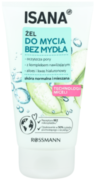 Isana żel myjący bez mydła 150ml dla skóry normalnej, biała tubka z grafiką aloesu i ogórka, widok z przodu.