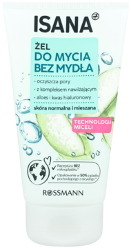Isana żel myjący bez mydła 150ml dla skóry normalnej, biała tubka z grafiką aloesu i ogórka, widok z przodu.