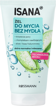 Biała tubka żelu Isana do mycia bez mydła z aloesem i ogórkiem, dla skóry normalnej i mieszanej, widok z przodu.
