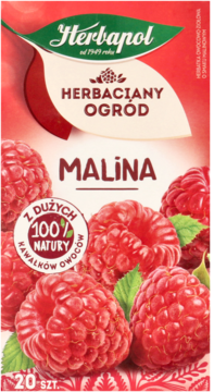 Herbapol Herbaciany Ogr&oacute;d Malina, czerwone opakowanie herbaty owocowej z duŴymi, soczystymi malinami, widok z przodu.