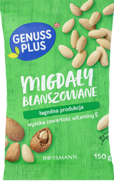 Zielona torebka Genuss Plus Migdały Blanszowane 150g, widok z przodu, z informacją o witaminie E.