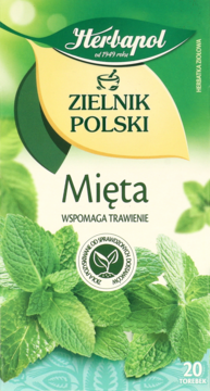 Herbapol Mięta, herbatka ziołowa na trawienie w zielono-beżowym opakowaniu z miętą, widok z przodu.