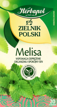 Opakowanie herbaty Herbapol Melisa, zielono-beżowe pudełko z liśćmi melisy, wspomaga odprężenie i spokojny sen.